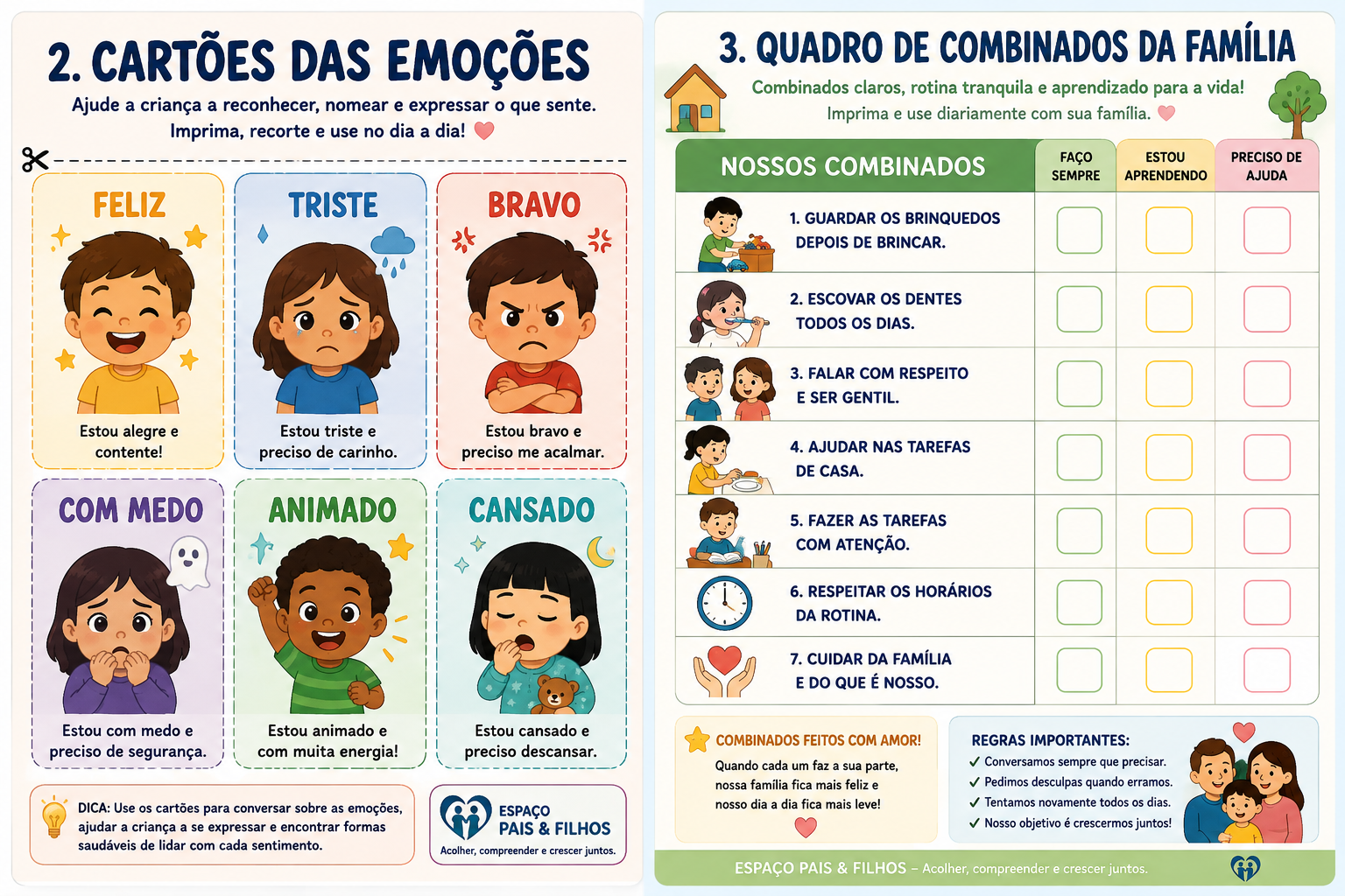 Cartões das emoções com feliz, triste, bravo, medo, animado e cansado, ao lado do quadro de combinados da família